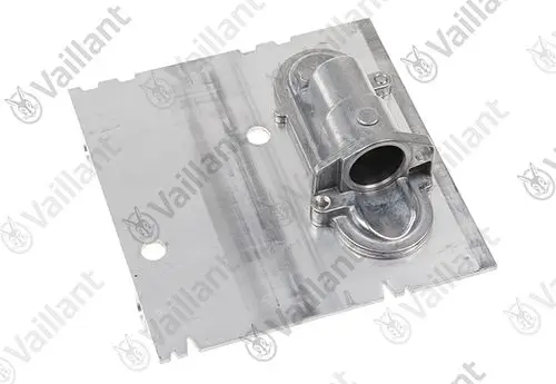 Verteilerrohr aus Metall mit Anschlussstück, gekennzeichnet mit Vaillant-Logo, auf silberner Platte montiert.